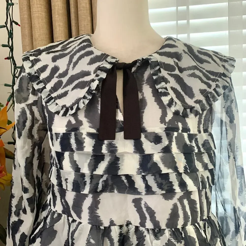 Anthropologie Maeve Long-Sleeve Collared Sheer Mini Dress in Black and White